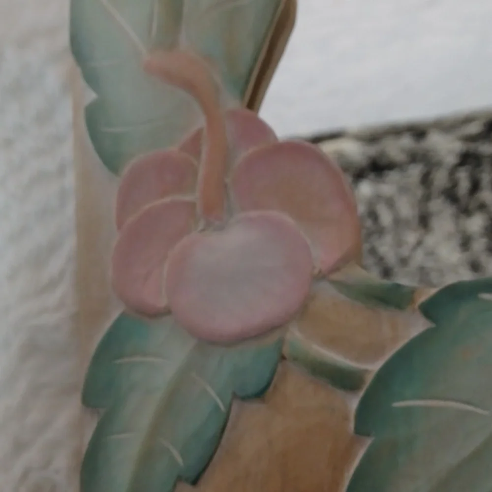 Hand Carved Pink Flowers Wooden Mirror 11Wx18 L‎ NWT